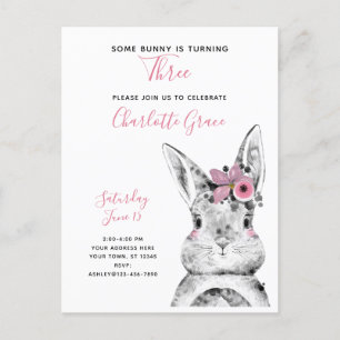 Black & White Some Bunny is Turning Three Birthday Invitation Postcard