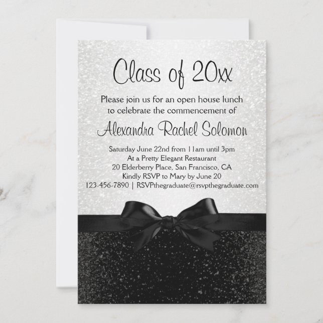 Black/White Sparkle-look Bow Graduation Invitation (Front)
