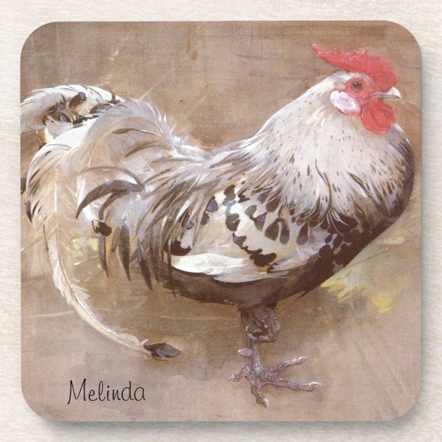 Black & White Speckled Rooster Coaster (Front)