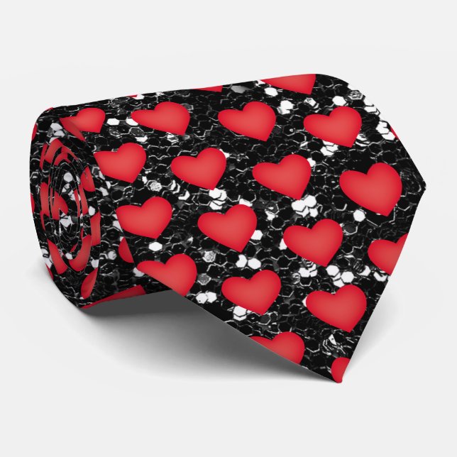 Black & White  Speckles With a Red Heart Pattern  Tie (Rolled)