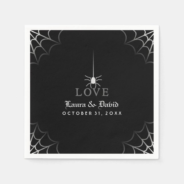 Black & White Spider Web LOVE Halloween Wedding Napkin (Front)