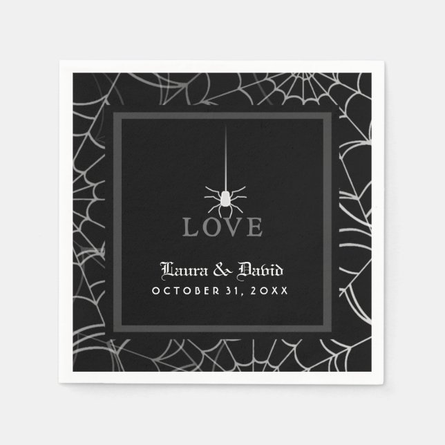 Black & White Spider Web LOVE Halloween Wedding Napkin (Front)