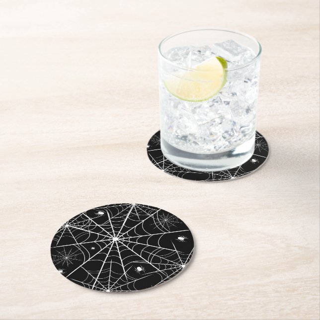 Black White Spider Web Pattern Spooky Gothic Round Paper Coaster (Insitu)