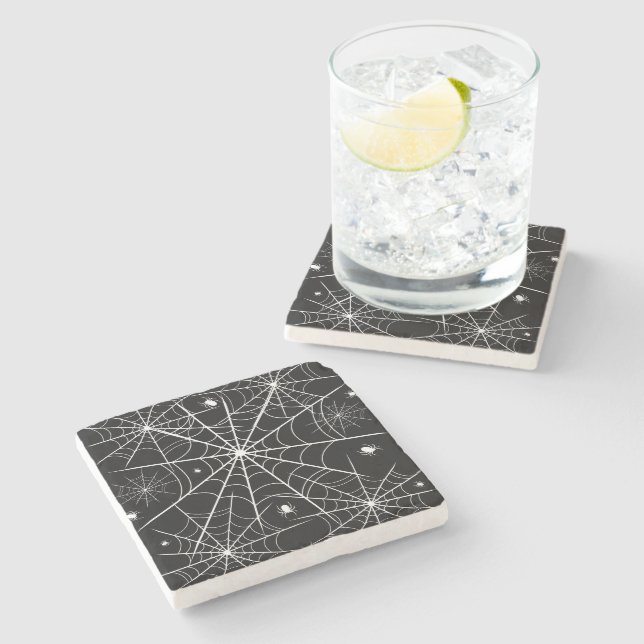 Black White Spider Web Pattern Spooky Gothic Stone Coaster (Side)