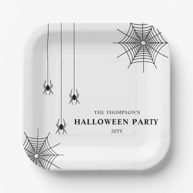 Black White Spiders And Spiderweb Simple Halloween Paper Plate (Front)