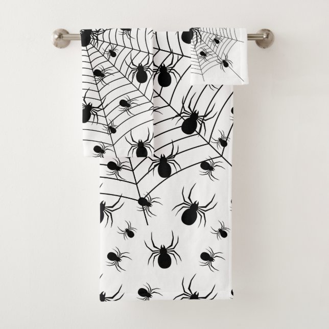 Black White spiders spiderweb Halloween pattern Bath Towel Set (Insitu)