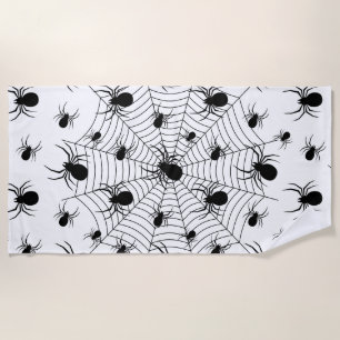 Black White spiders spiderweb Halloween pattern Beach Towel