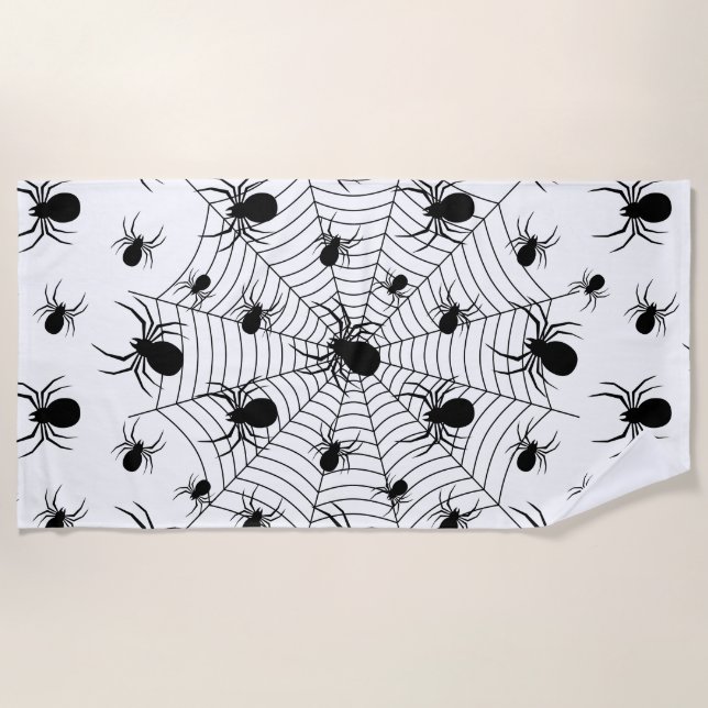 Black White spiders spiderweb Halloween pattern Beach Towel (Front)