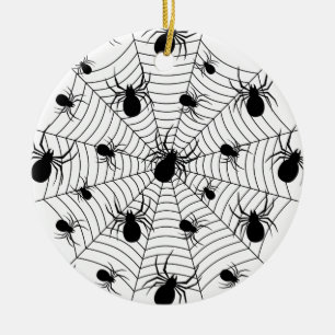 Black White spiders spiderweb Halloween pattern Ceramic Tree Decoration