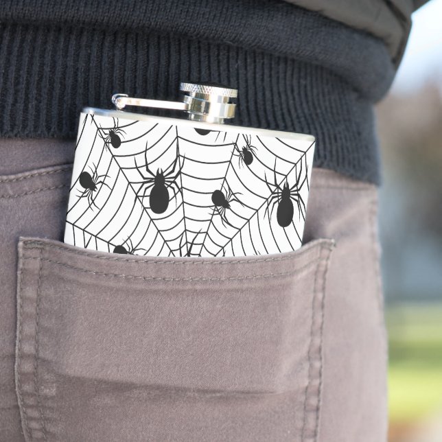 Black White spiders spiderweb Halloween pattern Hip Flask (In Situ)