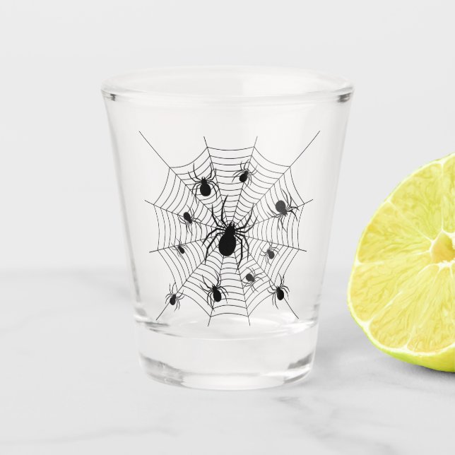 Black White spiders spiderweb Halloween pattern Shot Glass (Front)