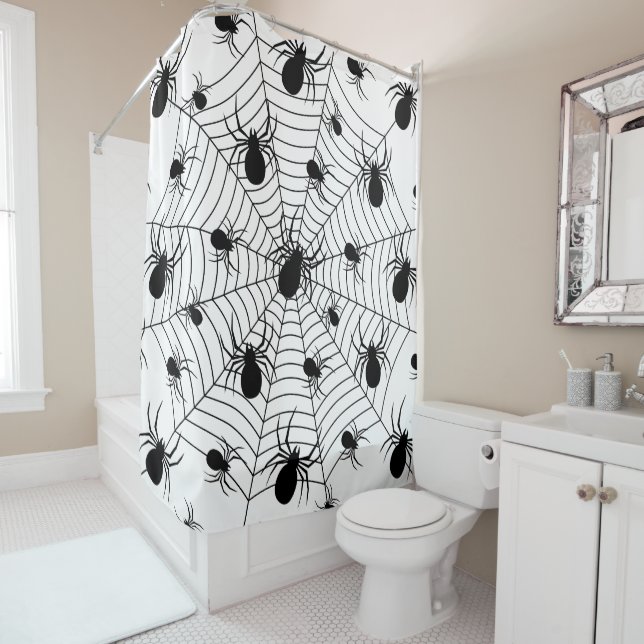 Black White spiders spiderweb Halloween pattern Shower Curtain (In Situ)
