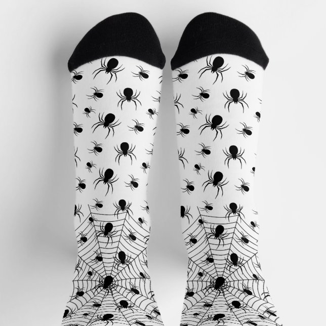 Black White spiders spiderweb Halloween pattern Socks (Top)