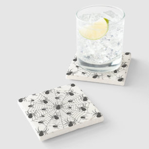 Black White spiders spiderweb Halloween pattern Stone Coaster