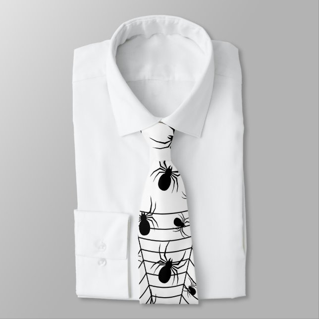 Black White spiders spiderweb Halloween pattern Tie (Tied)