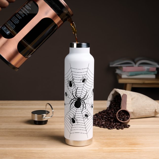 Black White spiders spiderweb Halloween pattern Water Bottle (Coffee)