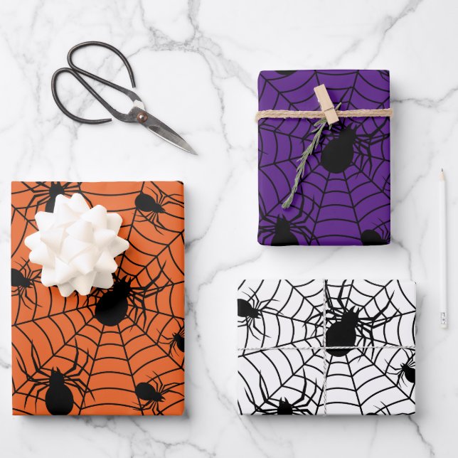 Black White spiders spiderweb Halloween pattern Wrapping Paper Sheet (Front)