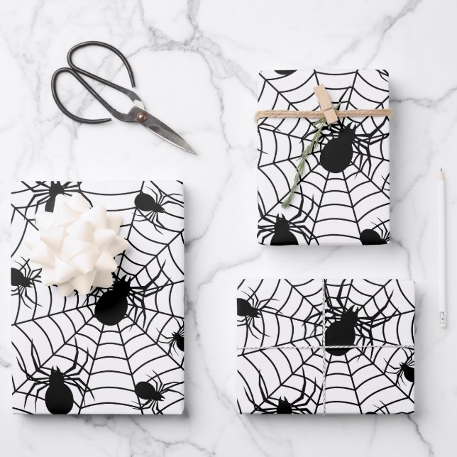 Black White spiders spiderweb Halloween pattern Wrapping Paper Sheet (Front)