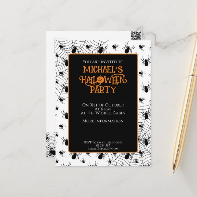 Black White spiders web Halloween party invitation Postcard (Front/Back In Situ)