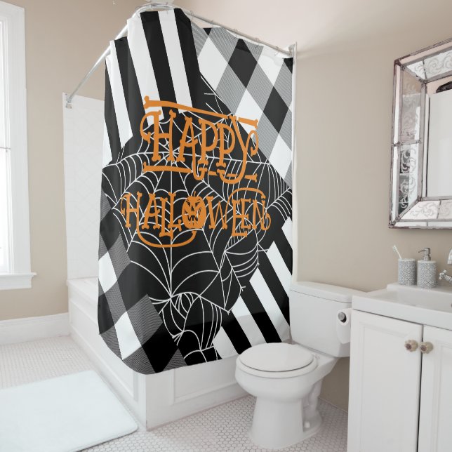 Black & White Spiderweb Patchwork Halloween  Shower Curtain (In Situ)