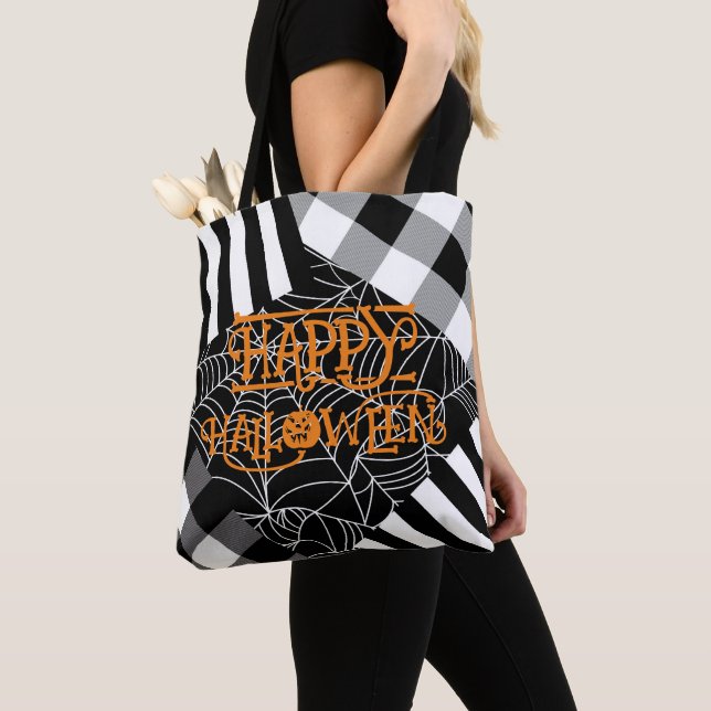 Black & White Spiderweb Patchwork Halloween  Tote Bag (Close Up)