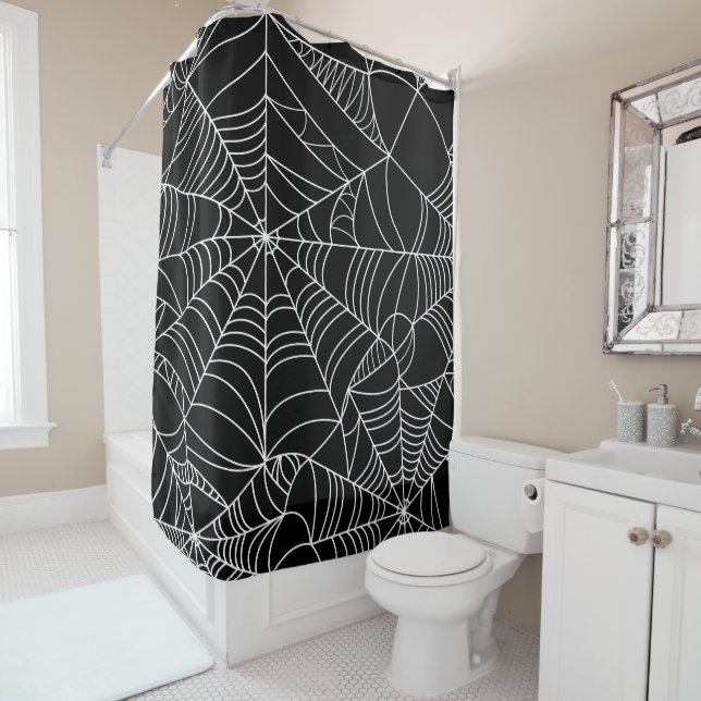 Black & White Spiderwebs Halloween  Shower Curtain (In Situ)