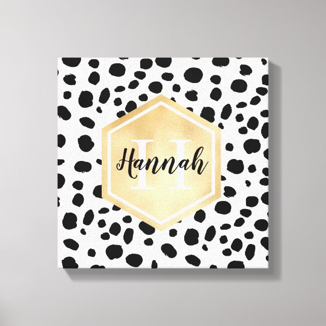 Black White Spots Pattern Gold Monogram Canvas Print (Front)