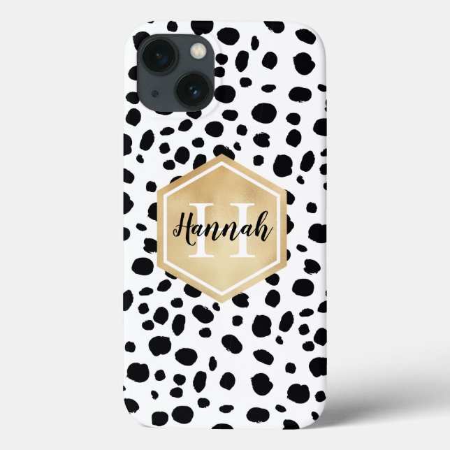 Black White Spots Pattern Gold Monogram Case-Mate iPhone Case (Back)