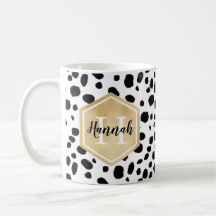Black White Spots Pattern Gold Monogram Coffee Mug