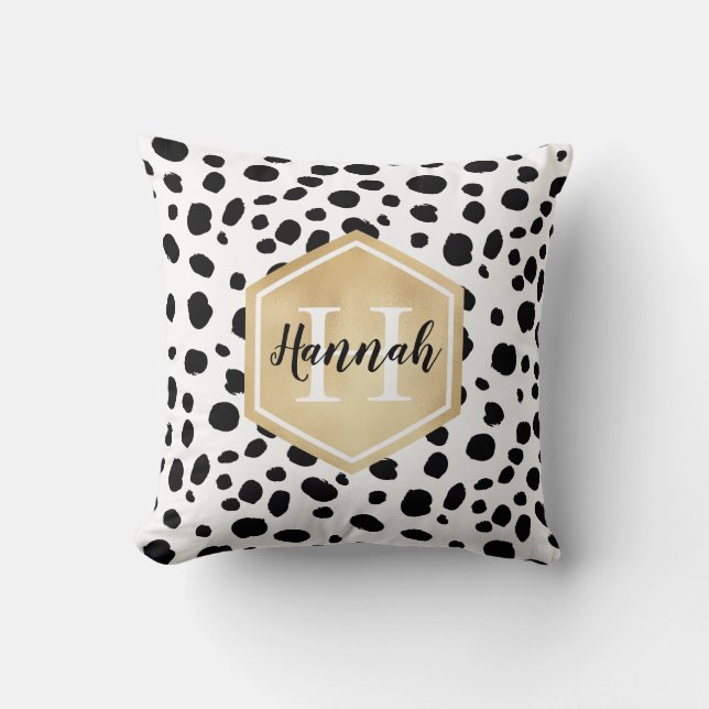 Black White Spots Pattern Gold Monogram Cushion (Front)