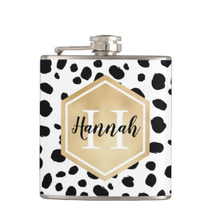 Black White Spots Pattern Gold Monogram Hip Flask