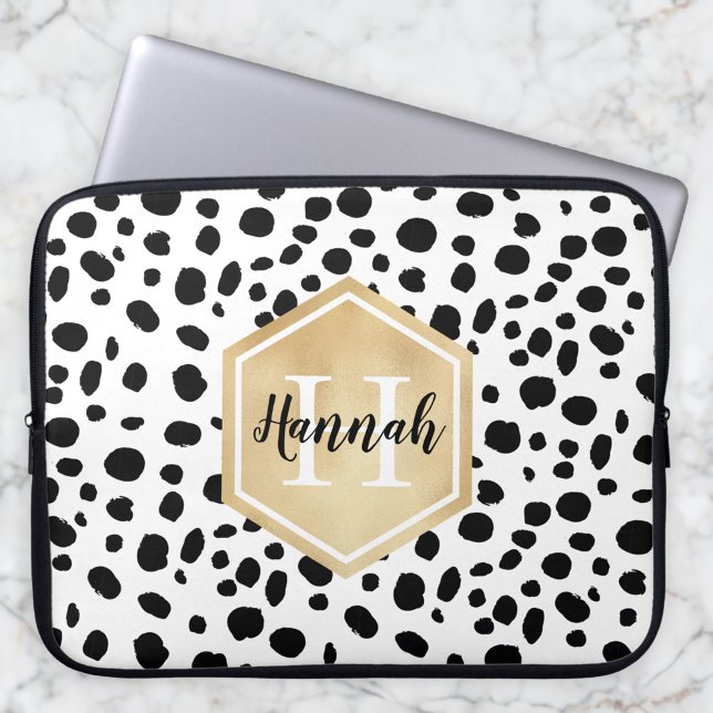 Black White Spots Pattern Gold Monogram Laptop Sleeve (Creator Uploaded)