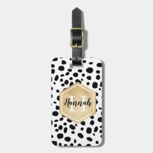 Black White Spots Pattern Gold Monogram Luggage Tag
