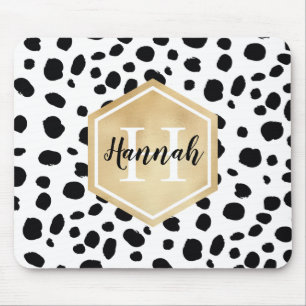 Black White Spots Pattern Gold Monogram Mouse Mat