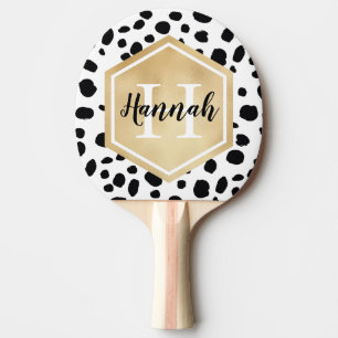Black White Spots Pattern Gold Monogram Ping Pong Paddle