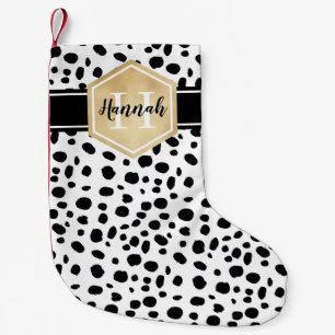 Black White Spots Pattern Gold Monogram Small Christmas Stocking
