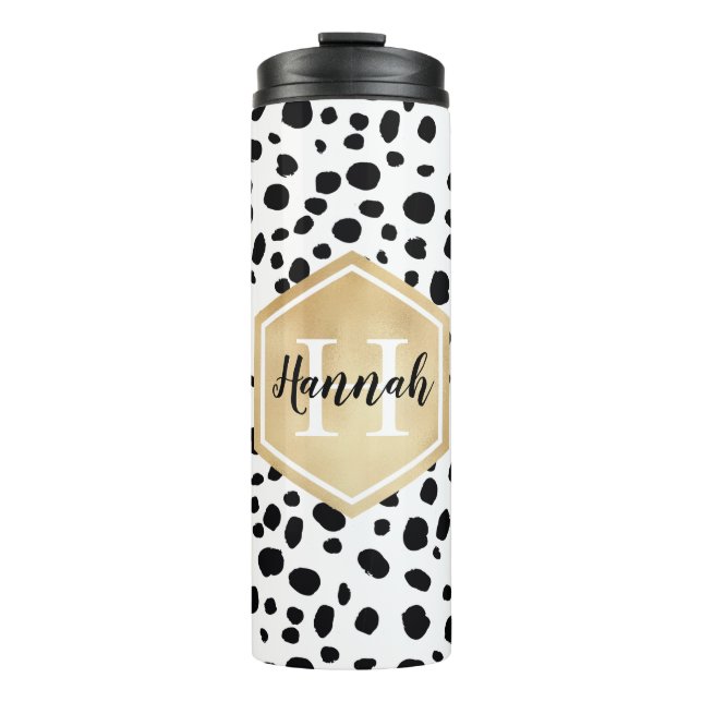 Black White Spots Pattern Gold Monogram Thermal Tumbler (Front)