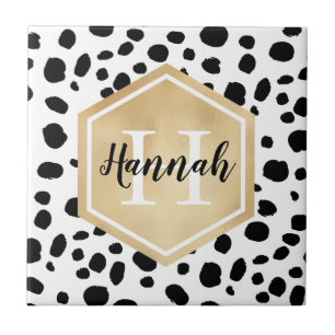 Black White Spots Pattern Gold Monogram Tile