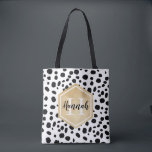Black White Spots Pattern Gold Monogram Tote Bag<br><div class="desc">Stylish Dalmatian spots pattern with a faux gold foil label featuring customisable name and monogram templates. A cute monogrammed tote bag with black and white spots pattern and golden elements.  To change the font colours and font styles click the "personalise" button and then click the "customise further" button.</div>