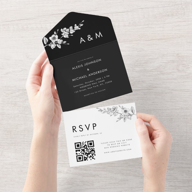 Black & White Spring Floral Minimalist QR Code All In One Invitation (Tearaway)