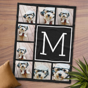 Black & White Square 8 Photo Collage Monogram Fleece Blanket