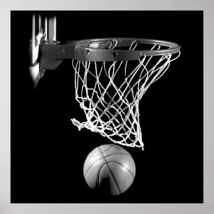 Black & White Square Basketball Ball & Net Poster