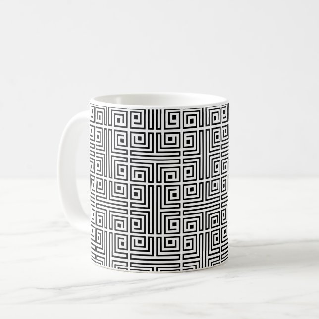 Black White Square Labyrinth Op-Art Greek Pattern Coffee Mug (Front Left)