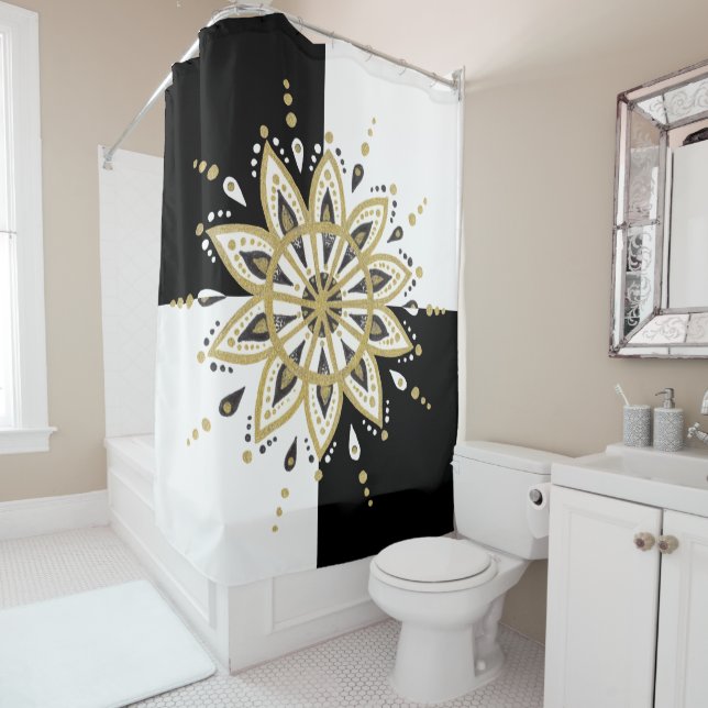 Black & white squares Gold & Black Mandala Shower Curtain (In Situ)