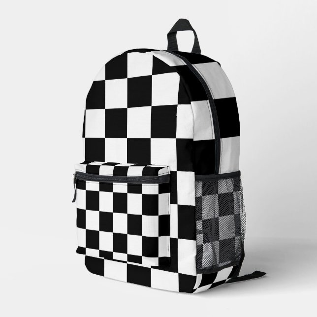 Black White Squares Modern Printed Backpack (Back Corner Right)