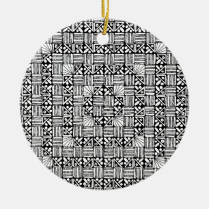 Black White Squares Stripes Pattern Design  Ceramic Tree Decoration