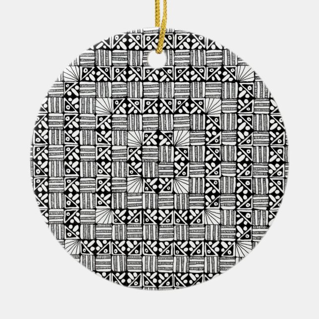 Black White Squares Stripes Pattern Design  Ceramic Tree Decoration (Front)