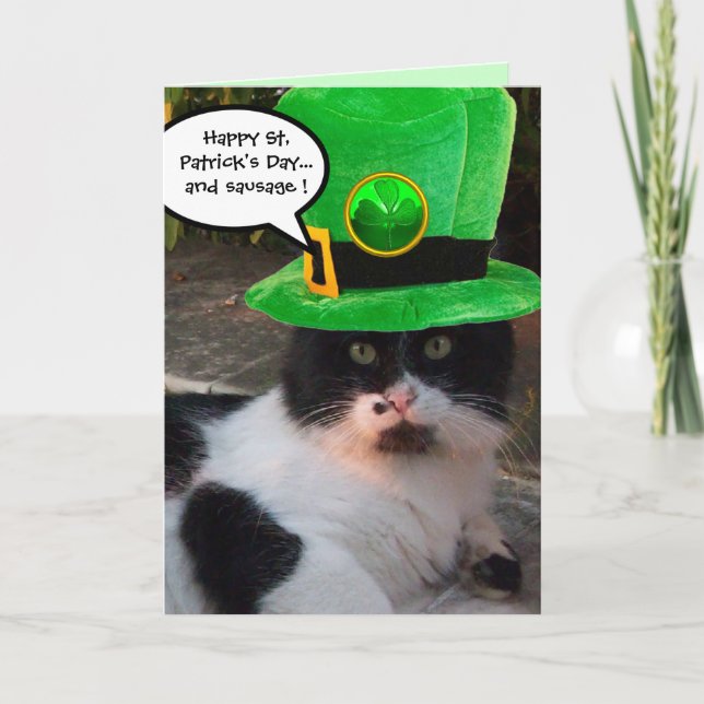 BLACK WHITE ST. PATRICK'S DAY CAT LEPRECHAUN HAT CARD (Front)