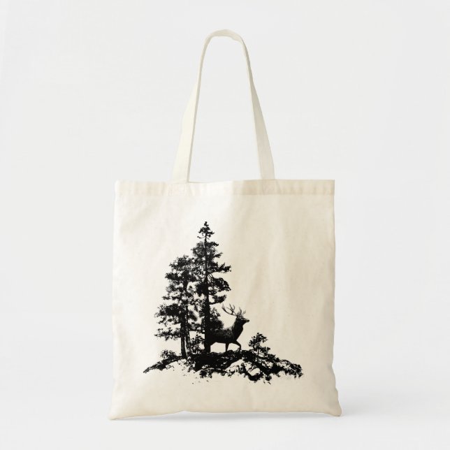 Black White Stag Deer Animal Nature Tote Bag (Front)