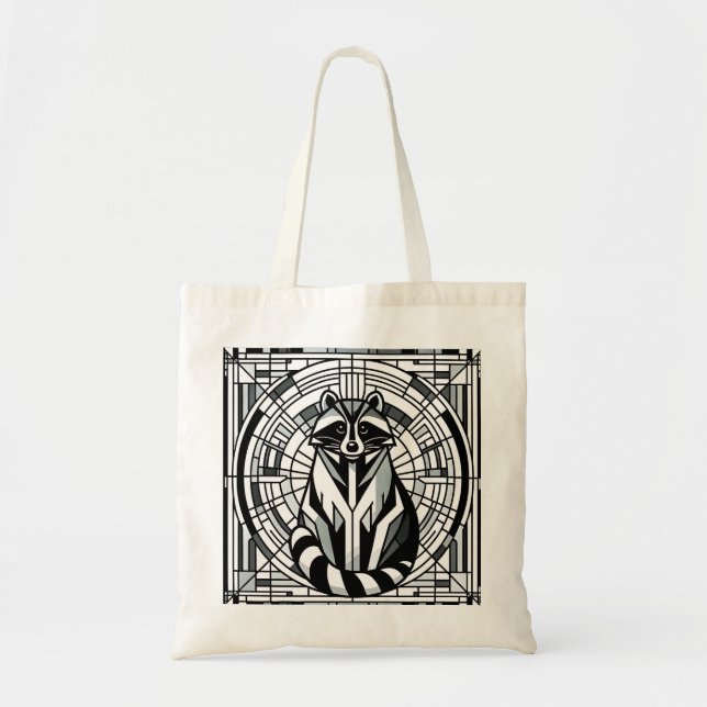 Black & White Stained Glass Racoon Tote Bag (Front)